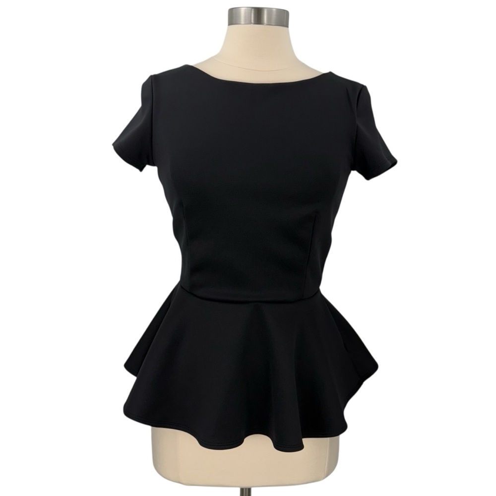 Bisou Bisou Michelle Bohbot Black Dressy Artsy Office Short Sleeve Peplum Blouse